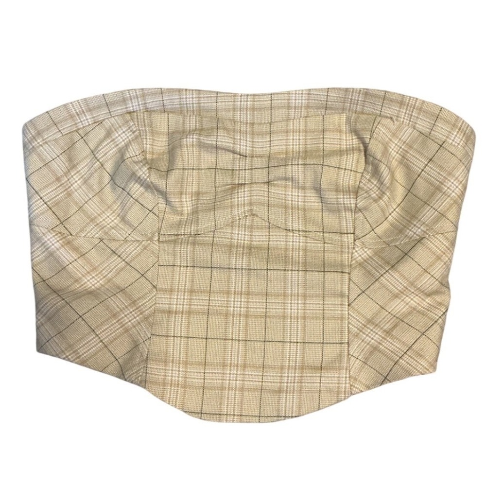 Free People Tan Plaid Strapless Corset Tube Top Smocked Back Size 4 - Picture 2 of 7